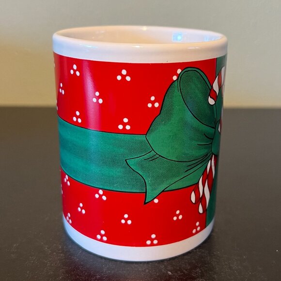 Vintage Christmas Holiday Red White Candy Canes Wrapped in Green Bow Ceramic Mug - Picture 2 of 7